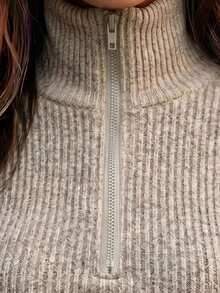 SHEIN Women's Elegant Casual Lazy Daily Cropped Ribbed Top Half-Zip Collar Soft Knit Coffee-Outing - Apricot - View 7