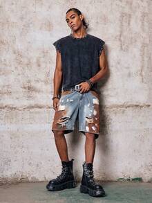 Skyrend Unisex Distressed Painted Denim Shorts Gothic Punk Streetwear For Emo Boy Grunge - Blue - View 7