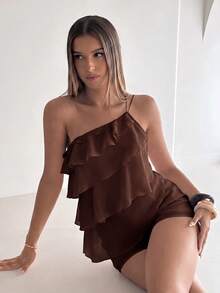 Aloruh Brown Romantic Chiffon One-Shoulder Multi-Layer Ruffle Design Short Jumpsuit For Women - Brown - View 5