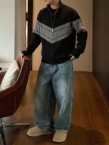 DAZY Black & Gray Colorblock Zip-Up Cardigan With Cuffed Hem And Sleeves, Loose Fit For Men - Multicolor - View 5