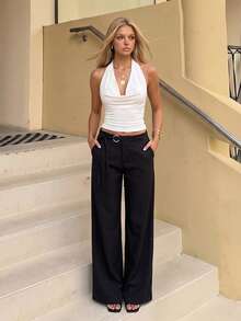 TRNVIE Women's Autumn Black Ultra‑Low‑Waist Straight‑Leg Casual Pants For Outings, Daily‑Wear, Gatherings, Casual‑Vacation & Chic‑Office‑Wear - Black - View 3