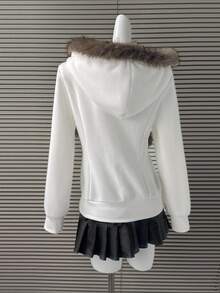 Franclia Solid Color Faux Fur Patchwork Hooded Zip-Up Long Sleeve Jacket - White - View 2
