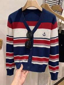 SHEIN Frenchy 女款休閒薄款針織開襟衫，條紋圖案，適合夏季、街頭風、日常通勤、約會、派對、秋冬、婚禮、海灘、畢業典禮、優雅休閒、外出、Y2K、音樂節、假期、返校 - 彩色 - 查看 7