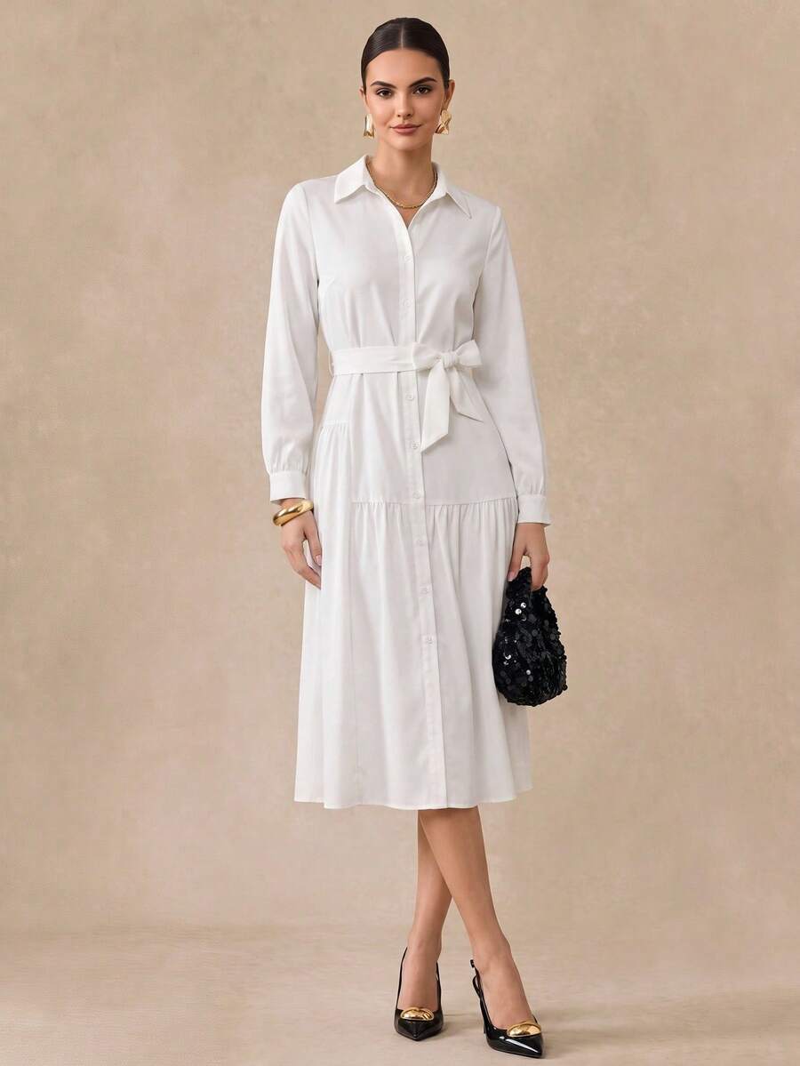 Almamuse Women's Fashion Asymmetric Hem Shirt Collar Long Sleeve White Dress Fall Cloth For Women - White - View 1