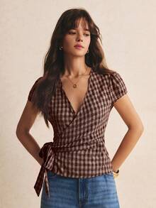 Poéselle Women's V-Neck Plaid Casual Versatile Daily Wear Shirt - Coffee Brown - View 3