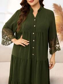 Lacomfia Plus Size Women's Long Sleeve Stand Collar Lace Trim Patchwork Comfortable Half-Open Front Wooden Button Decor, Split Lace Patchwork Fashion Dress - Army Green - View 7