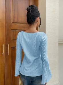 Siren Gaze All-Season New Embroidered Long Sleeve Blouse For Women - Baby Blue - View 3