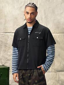 Norleigh Men's Letter Print Turndown Collar Zip-Up Casual Commuter Short Sleeve Shirt - Black - View 5
