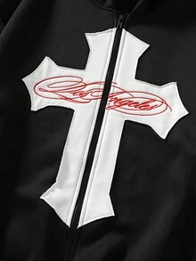 ROMWE MEN Men's Artistic Calligraphy Print Cross Patch Embroidery Streetwear Sweatshirt Hoodie - Black - View 2