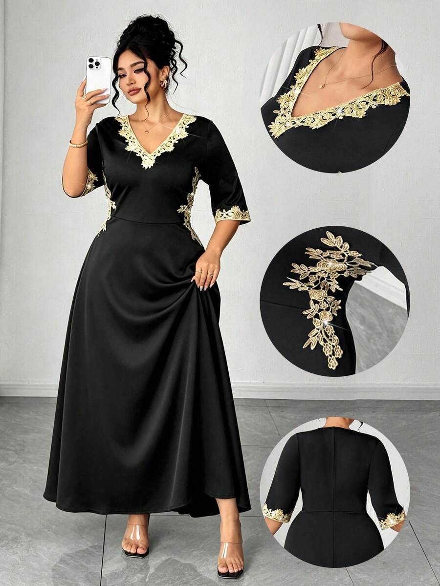 Elenzga Elegant Gold Trim V-Neck Cinched Waist Short Sleeve Plus Size Women's Dress - Black - View 1