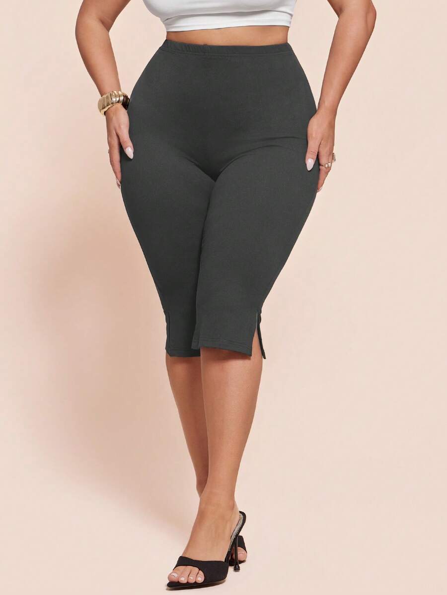 SHEIN BAE Plus Size Women's Solid Color Side Slit 5-Inch Leggings - Grey - View 1