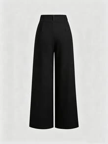 Sweetra Women's New Fashion Versatile Retro Elegant Textured Faux Linen Pleated Wide Leg Long Pants - Black - View 2
