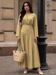 SHEIN Clasi Women's Fall Casual Modest Elegant Cinched Waist Pleated Design Solid Color Long Sleeve Cotton Blend Dress For Dating Tea Party Everyday Brunch Outing - Mustard Yellow - View 4