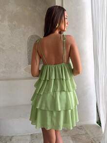 Aloruh Vestido mini de tirantes con volantes multicapa de color liso para mujer, ideal para vacaciones - Verde - Ver 2