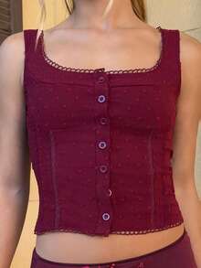 BiaLiraa Camiseta de mujer ajustada con textura de encaje jacquard, top sexy de mujer, top corto de mujer para el Día de San Valentín - Burdeos - Ver 6