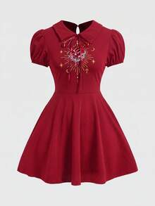 ROMWE Dark Gothic Red Heart Embroidered Pattern Women's Short Dress - Burgundy - View 1