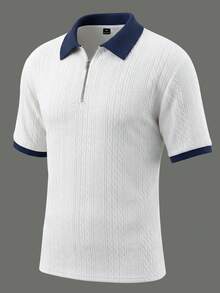 Manfinity Homme Men's Plus Size Textured Zipper Half Placket Short Sleeve Polo Shirt - White - View 1