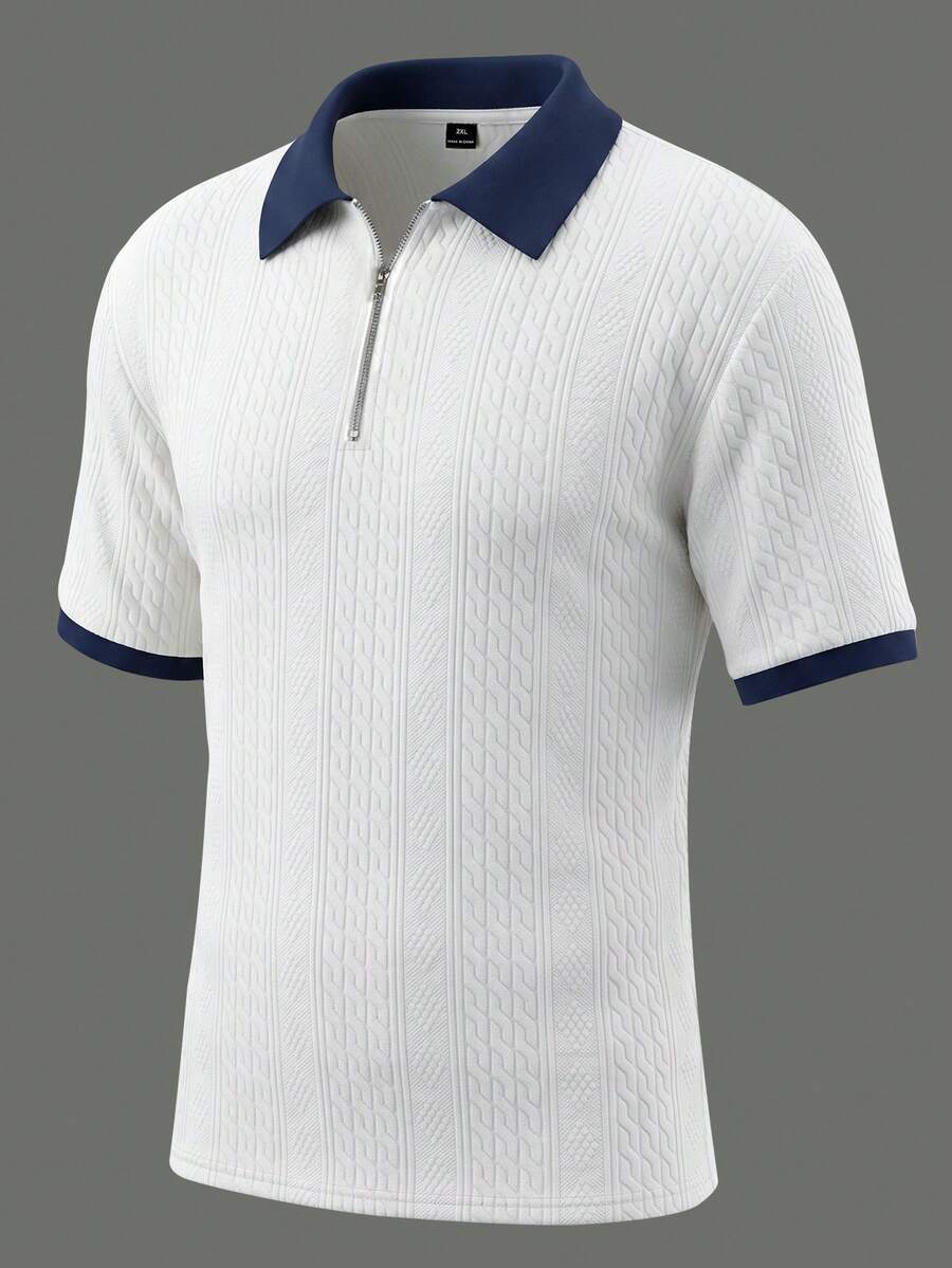Manfinity Homme Men's Plus Size Textured Zipper Half Placket Short Sleeve Polo Shirt - White - View 1