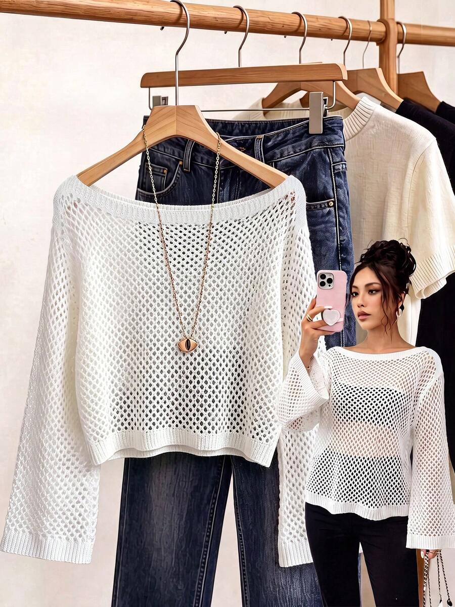 GlowEve Women's New Spring Autumn Winter Fashion Casual Versatile Lazy Off-Shoulder Hollow Out Sweater - White - View 1