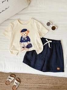 SHEIN 2pcs/Set Kids Boys' Summer Street Style Bear Graphic Short Sleeve T-Shirt And Striped Elastic Waist Shorts Set - Multicolor - View 5