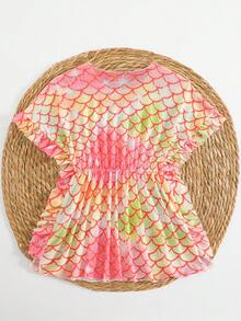 SHEIN 女童漸層魚鱗印花網布罩衫，荷葉邊短袖收腰海灘外穿裙，美人魚風兒童度假防曬罩衫洋裝，時尚休閒精緻款，適合游泳、夏季度假、海灘、海邊、泳池、夏季假期派對 - 彩色 - 查看 2