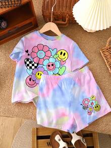 SHEIN Leap Crew 2 件扎染脸花、心、豹纹休闲少女短袖上衣和短裤套装，适合夏季、海边、复古风格、休闲度假风格、可爱的 Y2K 椰子女孩波西米亚音乐节、夏季 - 彩色 - 查看 2