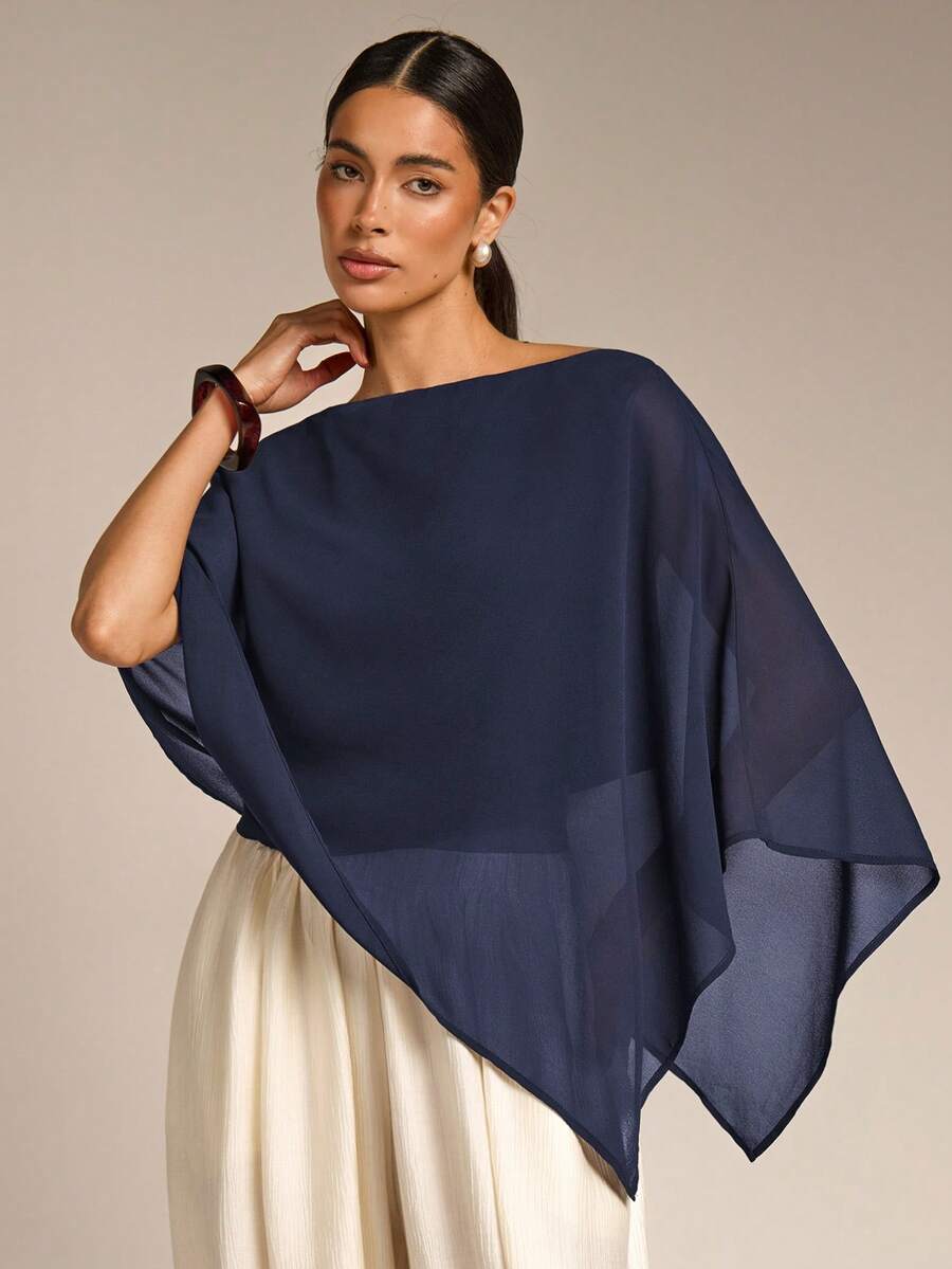 COSMINA Solid Color Casual Versatile Daily Asymmetrical Hem Blouse, Summer Sun Protection - Navy Blue - View 1