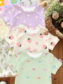 3件装女童清新花卉、爱心、草莓、植物、蝴蝶结印花T恤，米白色、米粉色、米黄色、浅紫色、薄荷绿，短袖休闲圆领T恤，适合上学、外出、街头、度假、返校、春夏穿着，随机3件装 - 彩色 - 查看 5