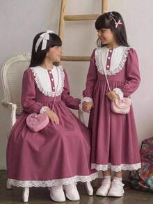 Tween Girl 秋季粉色校服洋裝，蕾絲飾邊拼接彼得潘領收腰 A 字裙長洋裝，隱形拉鍊，適合小學與國中返校及校外教學穿搭 - 粉色 - 查看 15