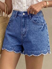 SHEIN Tween Girls' Summer Casual Denim Shorts With Shell Trim - Dark Wash - View 4