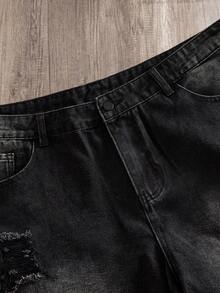 Manfinity Joysei Plus Size Men's Black Distressed Trim Loose Denim Shorts,Summer Oversized Baggy Jorts,Evening Front Button Pocket Emo Style For Husband Gifts - Black - View 3