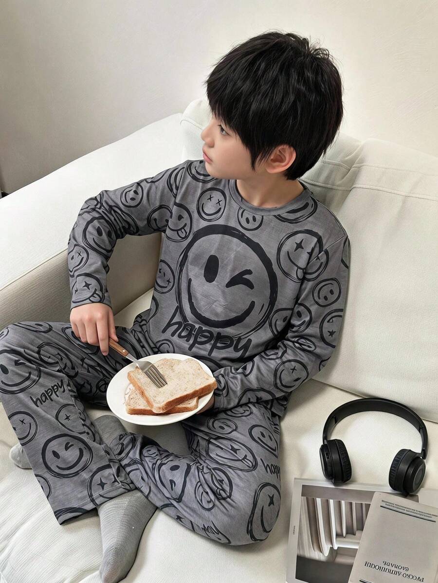 兒童青少年男孩休閒笑臉印花上衣與長褲兩件套,親子套裝,兄弟姐妹套裝,適合秋冬,居家與戶外穿著 - 灰色 - 查看 1
