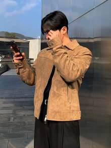 DAZY 秋季男士純色棕色麂皮夾克外套 - 卡其色 - 查看 8