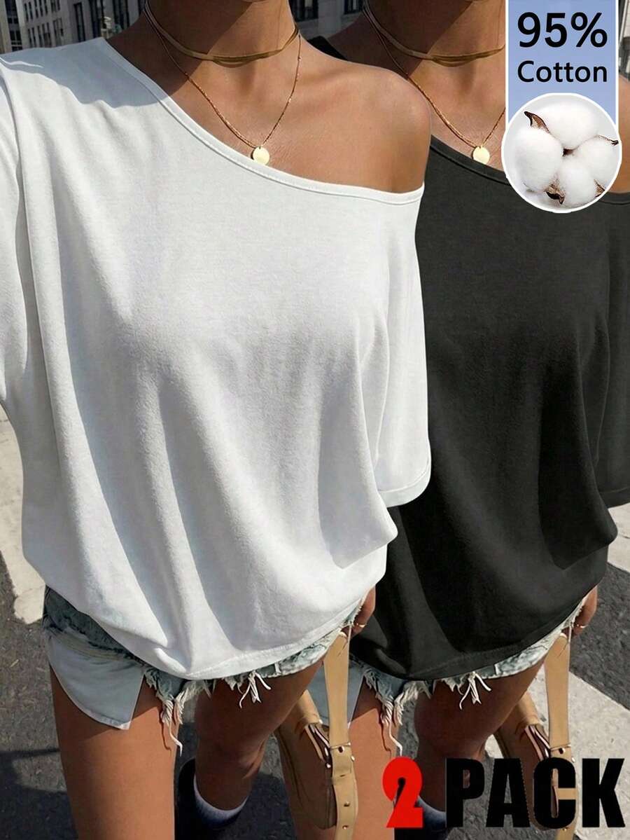 Muchica 休閒街頭風 95% 棉 黑白配色 百搭寬鬆不對稱領 女款 T-shirt,適合春夏度假 - 彩色 - 查看 1