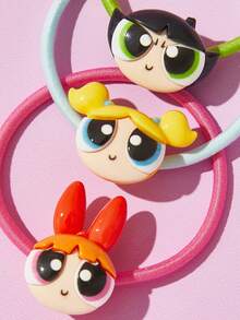 THE POWERPUFF GIRLS X SHEIN 12件組可愛卡通彈性髮圈，多色3D設計，強力固定不拉扯頭髮，馬尾髮圈髮帶 - 彩色 - 查看 3