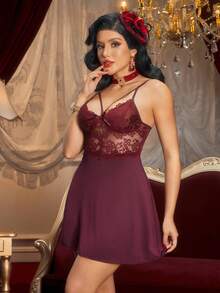PinupPomp Women Elegant & Sexy Solid Color Lace Patchwork Spaghetti Strap Nightgown & Robe Set - Maroon - View 7