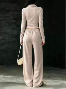 INAWLY Solva Setelan 2 Potong Atasan Lengan Panjang dan Celana Longgar Warna Polos Serbaguna untuk Wanita, Cocok untuk Bersantai, Bepergian, dan Musim Gugur, Warna Pink. - Khaki - View 2