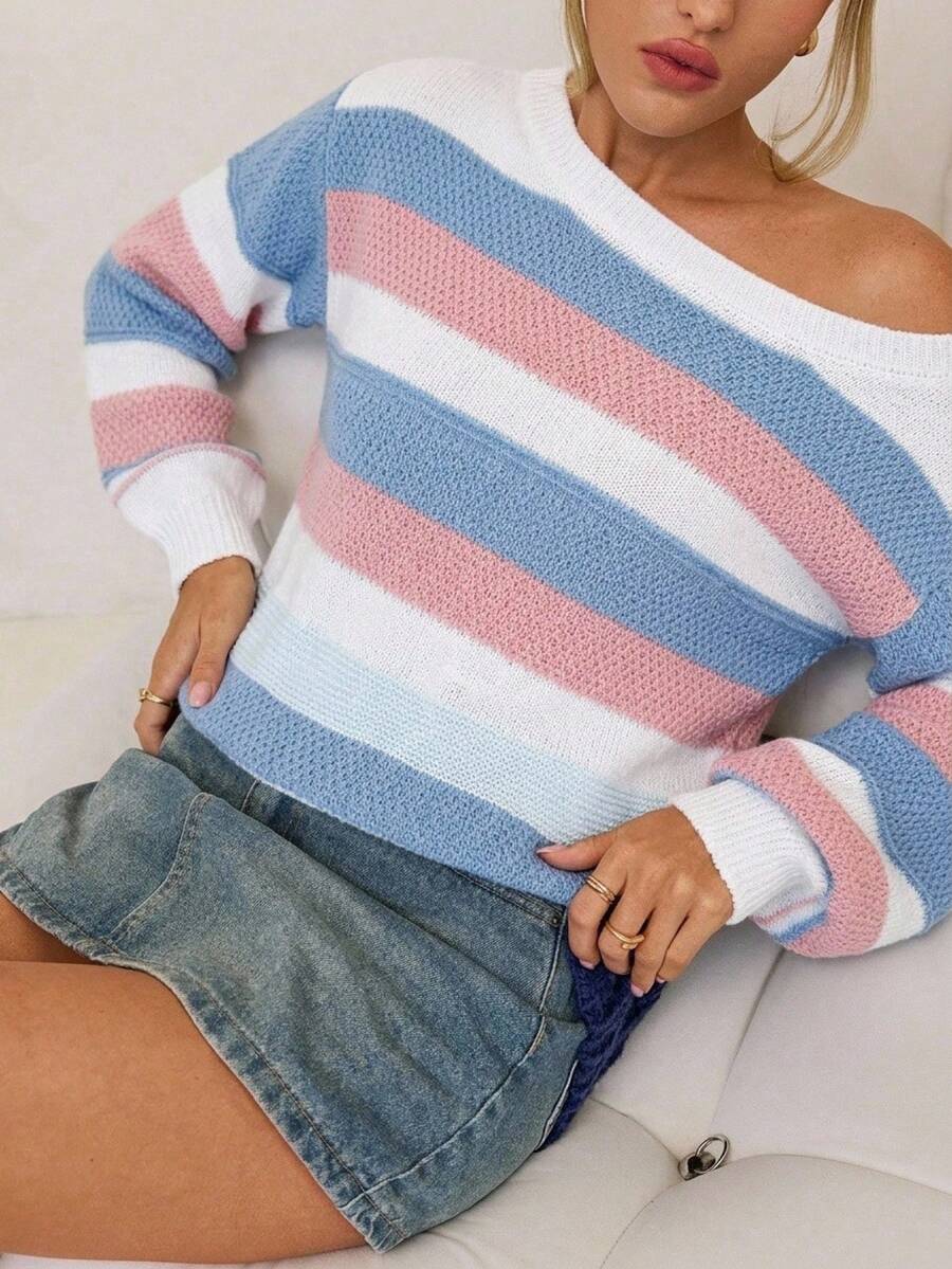 SHEIN كنزة صوفية فضفاضة للأطفال والفتيات المراهقات، كاجوال للمنزل، مخططة بألوان متباينة، بياقة كلمة واحدة، أكتاف منسدلة، أكمام طويلة، خريف/شتاء - متعدد الألوان - مشاهدة 1