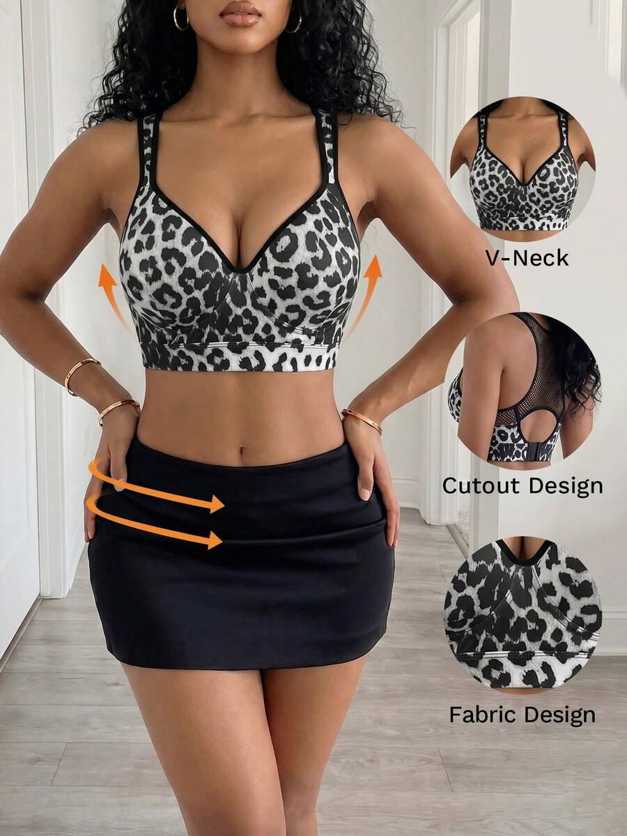 BamGleam Fashionable Leopard Print Sports Bra With Fixed Cups, High Support, Mesh Inset, Adjustable Waist Strap - Multicolor - View 1