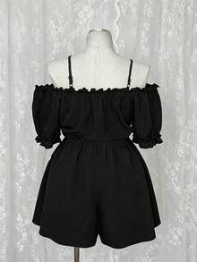 Sunspun Mono de verano casual talla grande de color liso con hombros descubiertos y tirantes finos - Negro - Ver 2