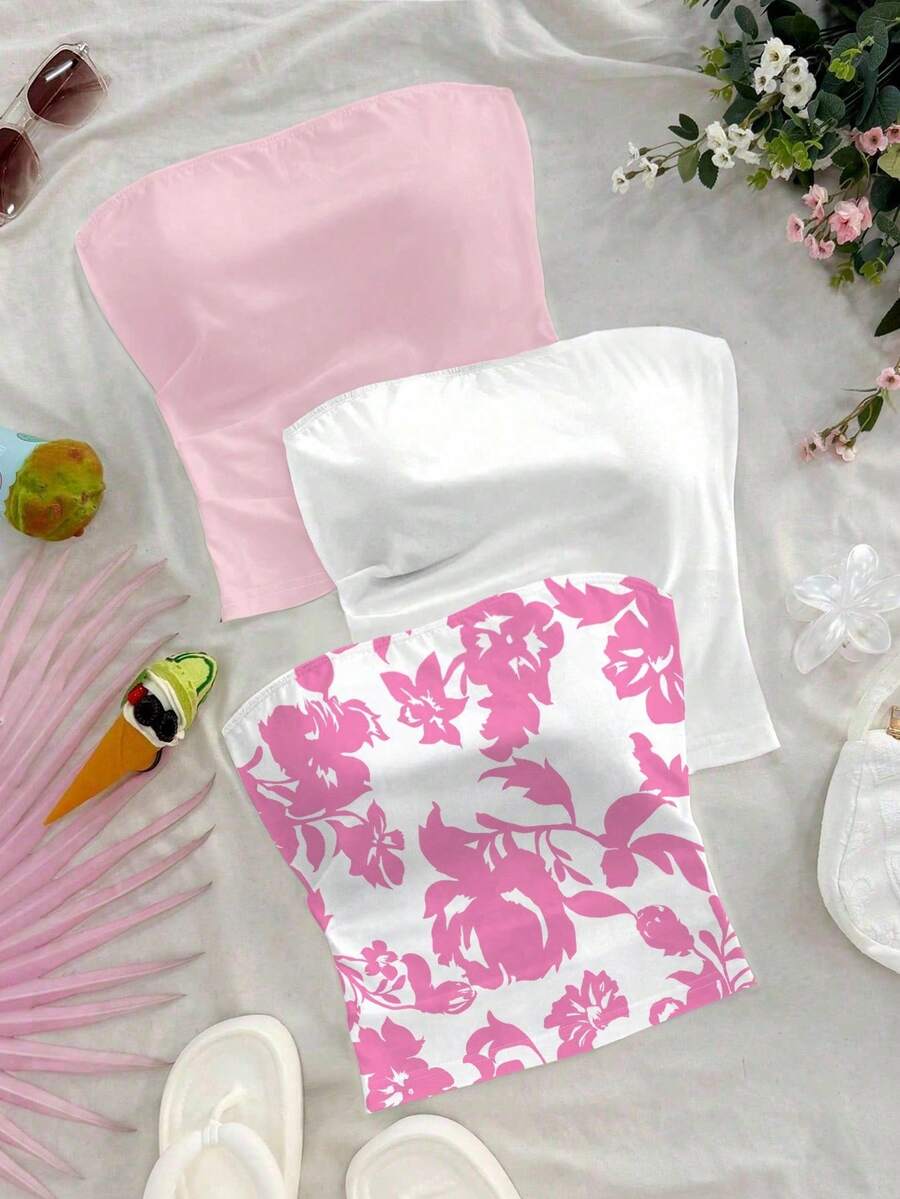 Soleia 3pcs/Set Plus Size Women Casual Versatile Tube Tops, Suitable For Summer Daily Wear - Pink - View 1