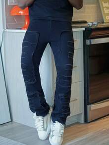 Harrin Don Harrin Don Celana Jeans Slim Fit Flare Pria dengan Tambalan Karet dan Motif Kumis Kucing, Gaya Emo - Hitam - View 5
