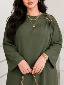 Solavon Plus Size Women Spring/Autumn Casual Solid Color High Slit Hem Long Top And Wide Leg Pants 2 Pieces Set Fall - Green - View 6
