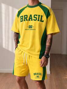 Gritte Field Men's Colorblock Brazil Print T-Shirt And Shorts Sports Set, Gym - Multicolor - View 3