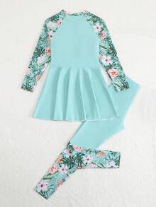 SHEIN 13-16歲青少年女孩長袖兩件式裙式泳衣套裝 時尚熱帶花卉印花拉鍊上衣泳衣 適合夏季休閒度假海灘沙灘泳池游泳 夏日假期派對 - 彩色 - 查看 2