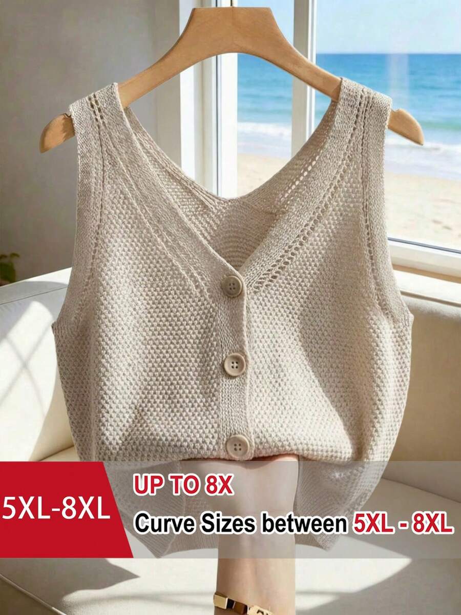 SHEIN CURVE+ New Plus Size Women's French Casual Knit Vest Apricot Top, Single-Breasted Design, Hollow Knit Texture, Creating A Soft Atmosphere, Commute/Workwear Layering Design, Exquisite V-Neck Style, Sleeveless Knit Cardigan, Made Of Soft Beige Fabric, Suitable For Spring And Summer, Simple Vintage Versatile And Comfortable - Apricot - View 1