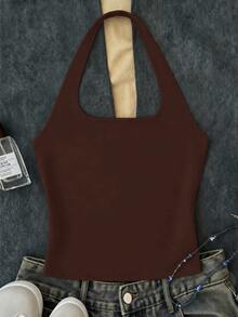 Casual Halter Neck Tank Top, Suitable For Summer Mothers Day Outfit Graduation Summer Tops Groove Vacation All Black - White - View 3