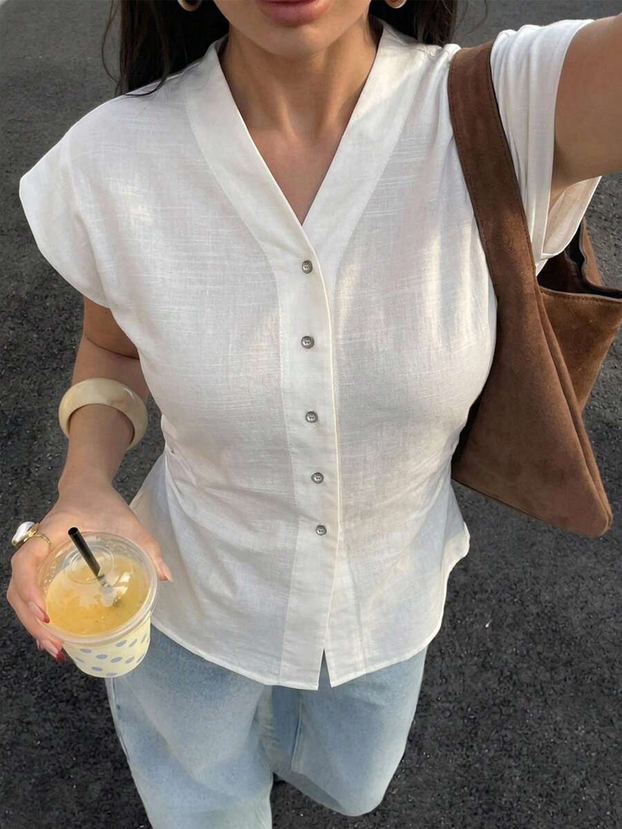 DAZY Kemeja Wanita Musim Panas Kasual Minimalis Serbaguna Warna Polos Gaya Y2K untuk Brunch, Serba Putih - Putih - View 1