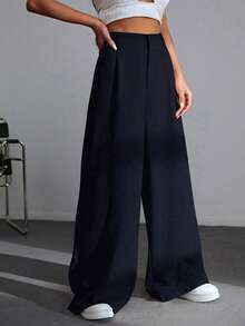 SHEIN EZwear 休閒百搭 100% 純棉海軍藍高腰寬腿褲，適合校園穿搭、全方位休閒穿著、派對與音樂節穿著、畢業季、開學季、度假季、都市辦公穿著 - 藍色 - 查看 6