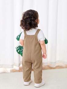 SHEIN Baby Girl Woven Solid Color Floral Pattern Overall Romper - Camel - View 2